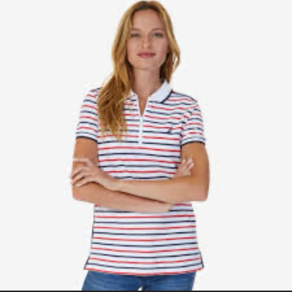 Nautica Striped Zip Polo Women’s Size XL Red White Blue Memorial Day 4th of July